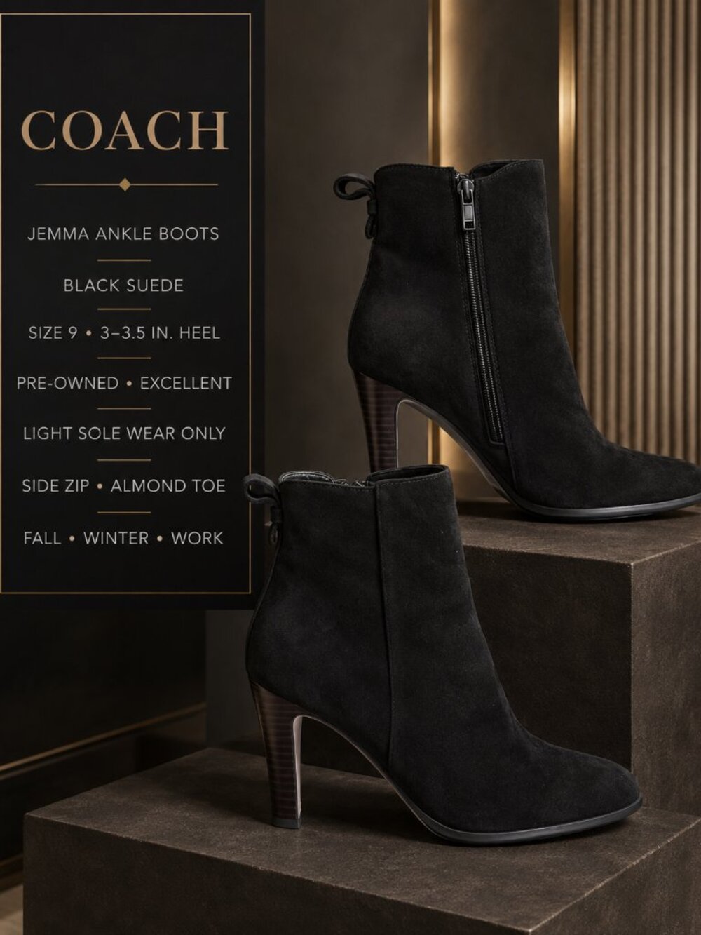Coach Jemma Ankle Boots Size 9 Black Suede Leather Zip-Up Block Heel Pre-Loved
